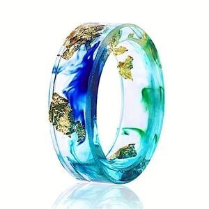 Women's Fashion Jewelry Gradient Blue and Gold Speckled Acrylic Resin Ring